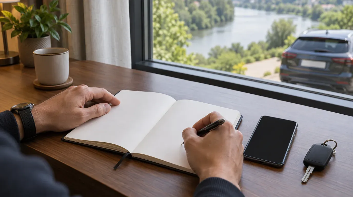Hands over a hotel desk with a blank planner, a phone face-down and a car key while planning a Malacca trip.
