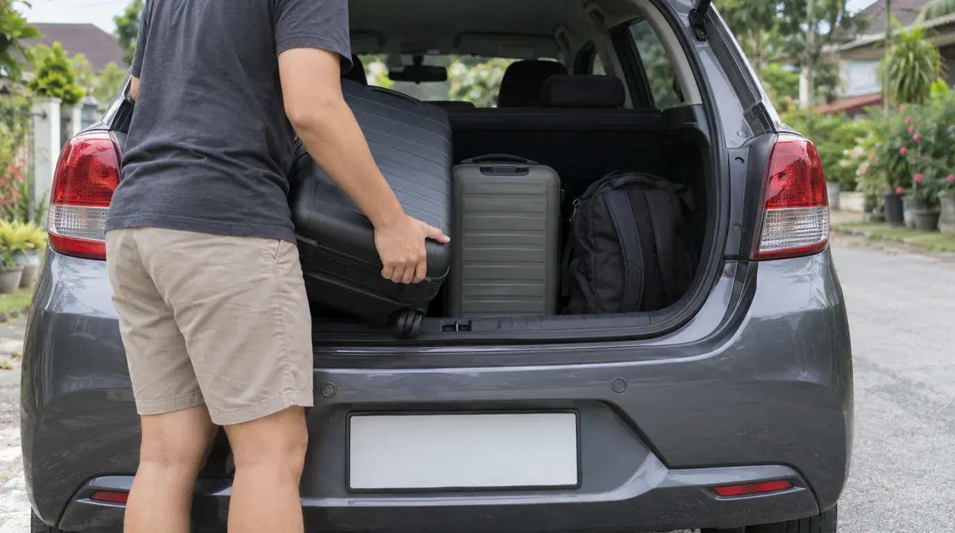The open boot of a hatchback being loaded with suitcases before a Melaka drive.