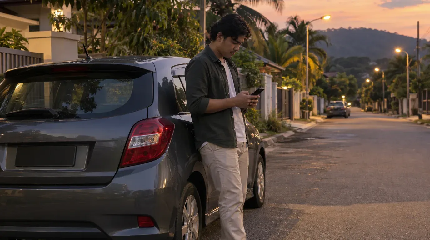 A traveller checking a phone beside a parked hatchback on a Melaka street at dusk.