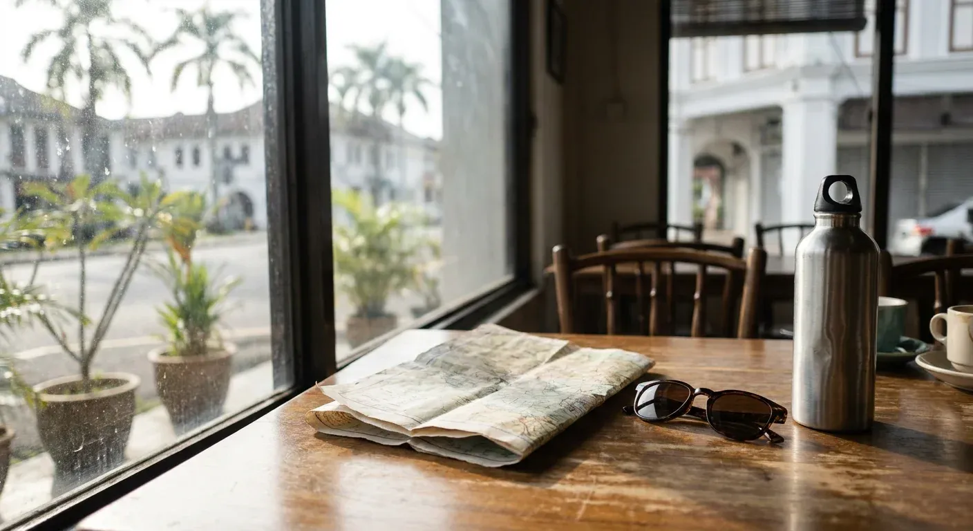 A folded paper map, sunglasses and a water bottle on a wooden cafe table in Kuching while planning a car-rental trip.