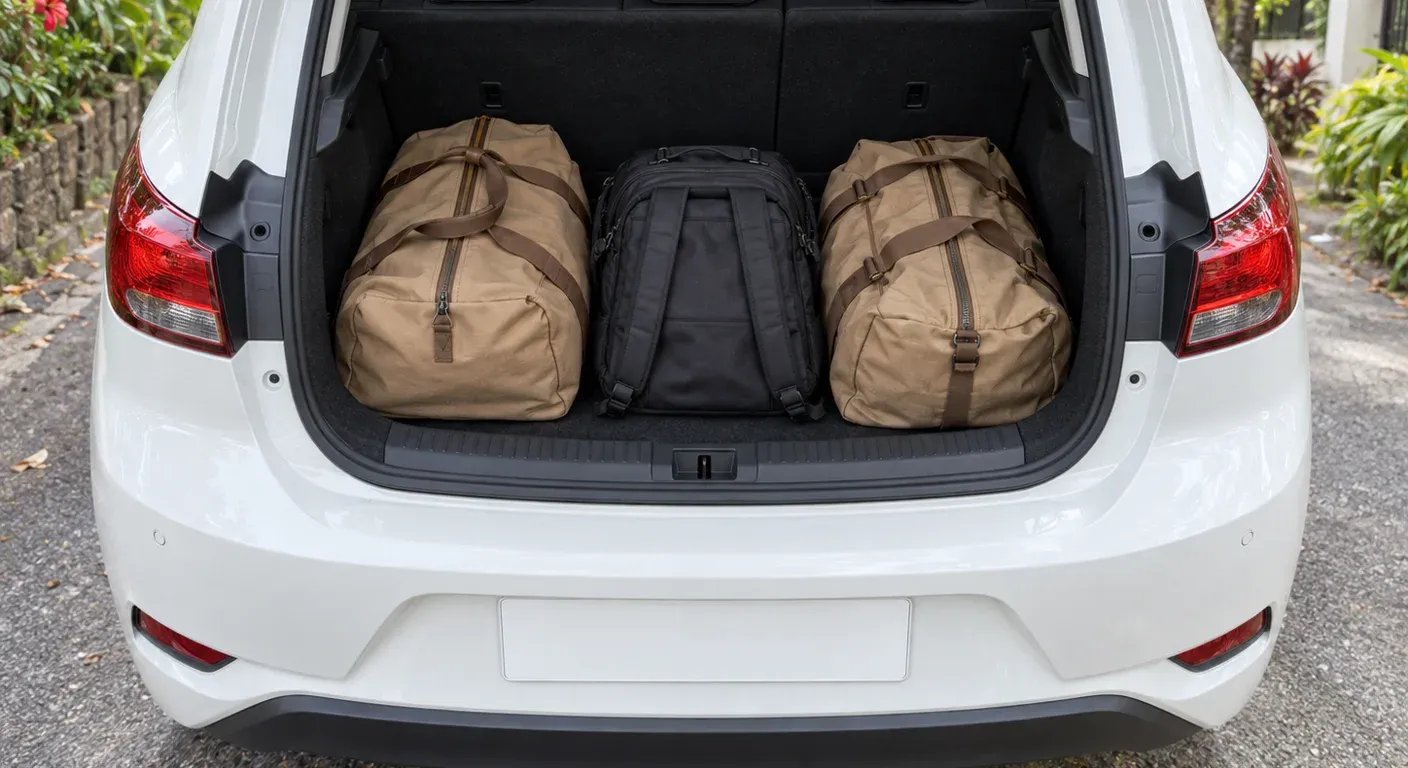 The open boot of a parked compact car loaded with soft duffel bags on a quiet leafy street in Kuching.
