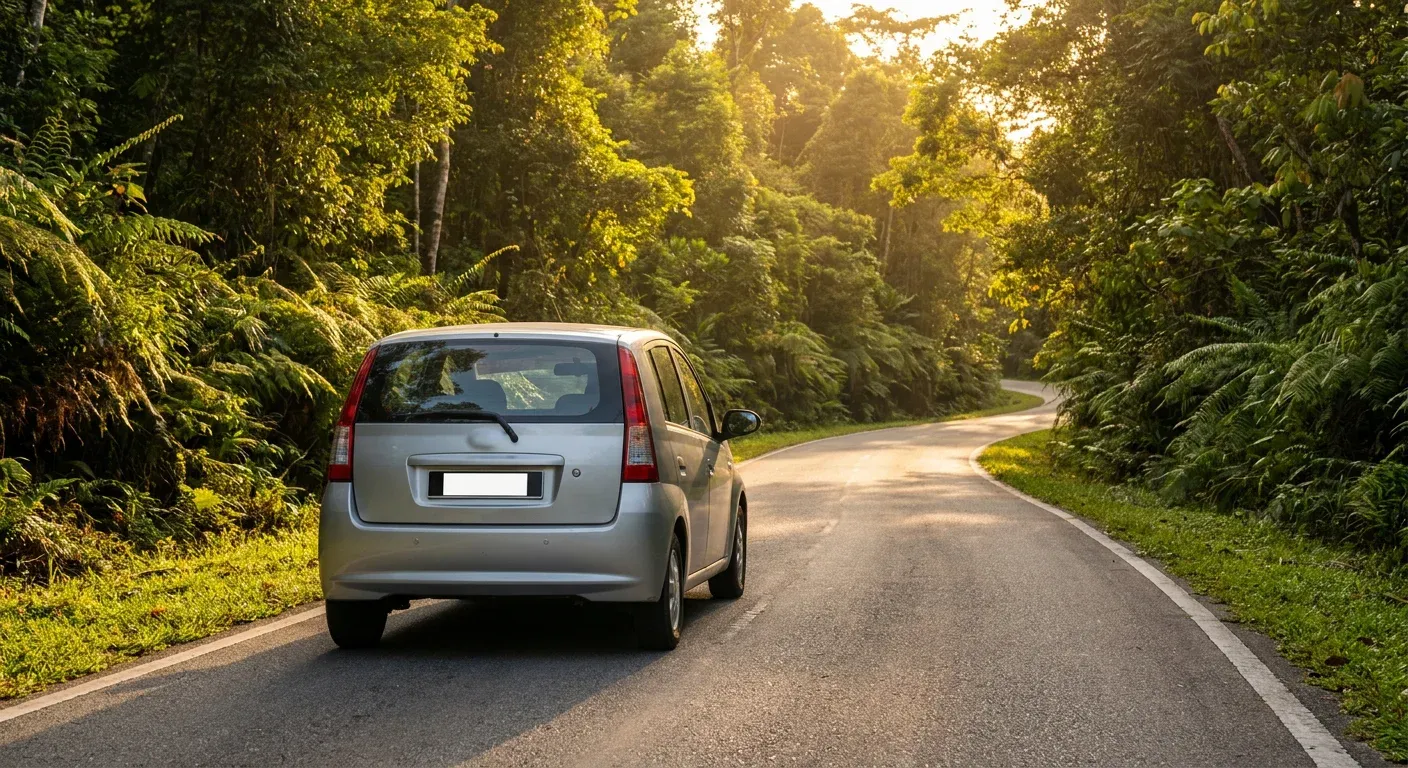 A compact car driving along a quiet rainforest-lined countryside road in Sarawak at golden hour.