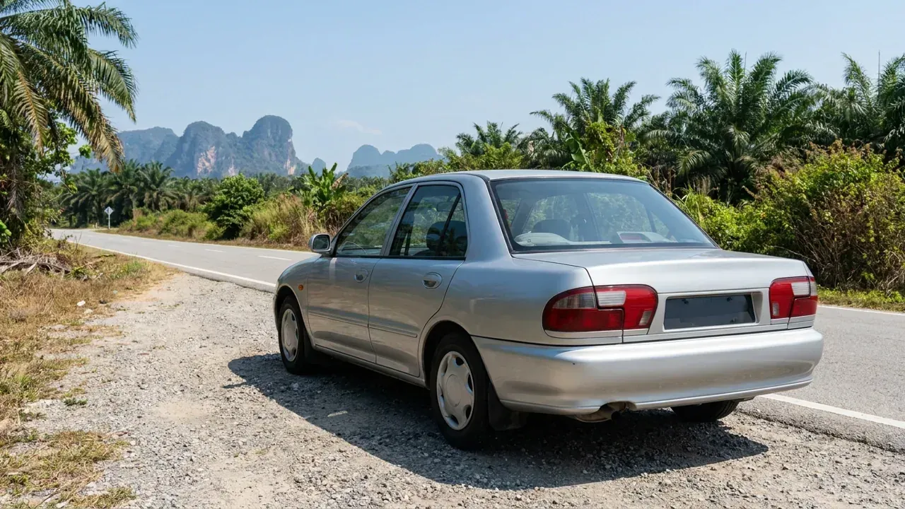 The rear of an unbranded silver compact sedan parked on a palm-lined Malaysian suburban road with limestone hills on the horizon.