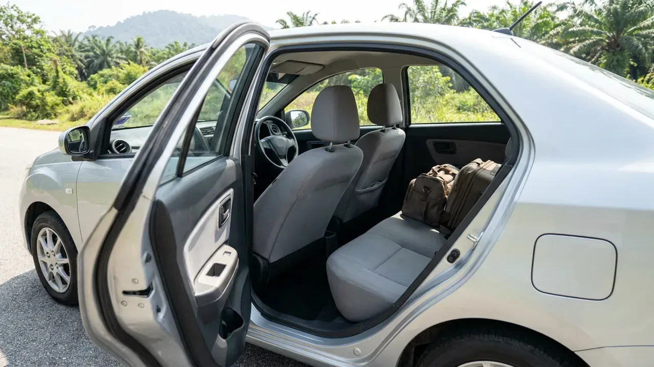The grey fabric rear seat and boot of a compact sedan seen through an open passenger door.