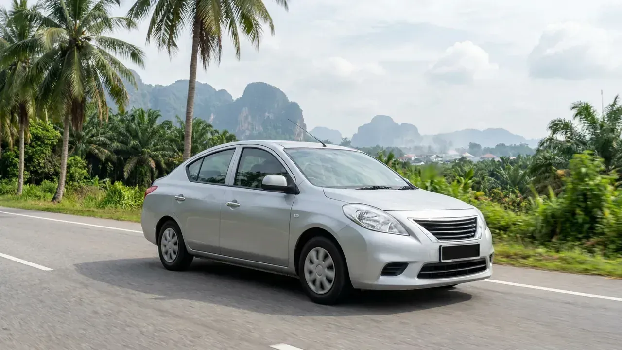 An unbranded silver compact sedan driving along a palm-lined Malaysian road with limestone hills and a hazy town in the distance.