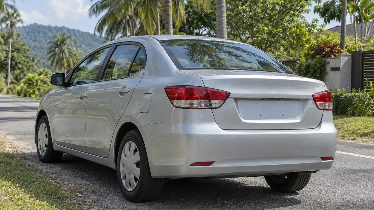Unbranded silver car parked on the side of a Malaysian road lined with palm trees and lush greenery.