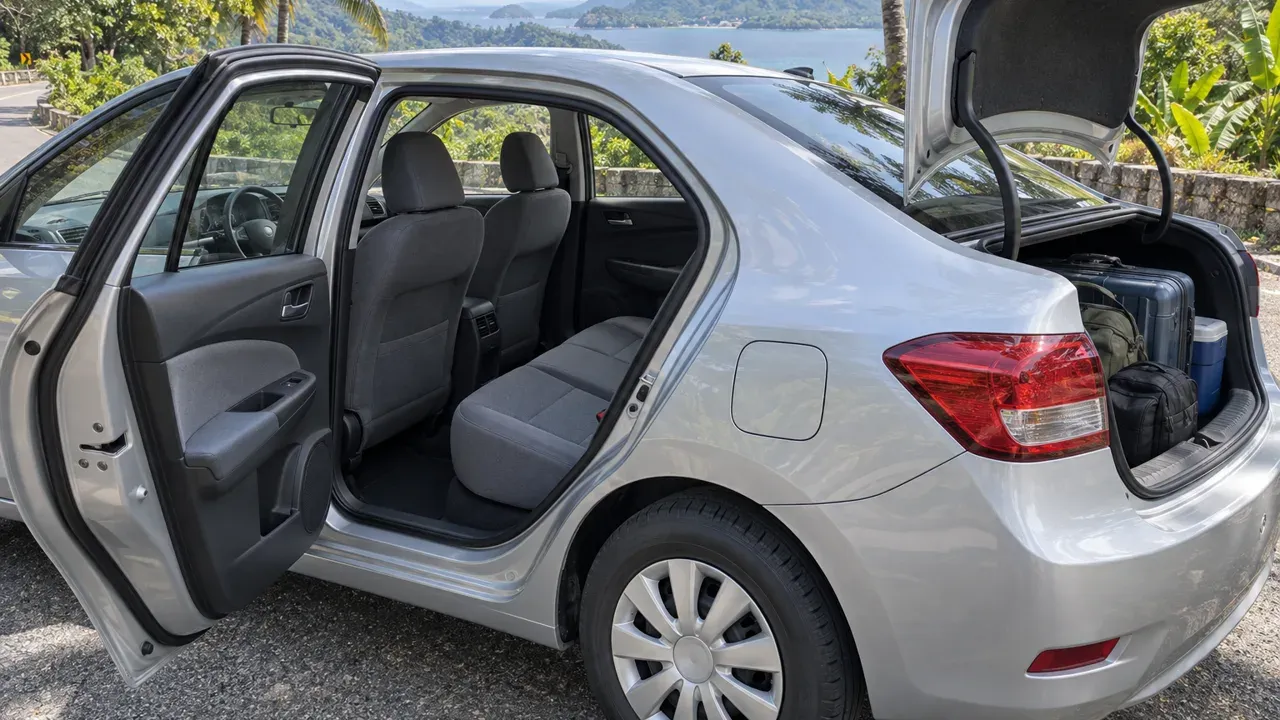 Interior of a silver sedan seen through the open door, with luggage in the boot, parked on a winding Malaysian road overlooking water and hills.