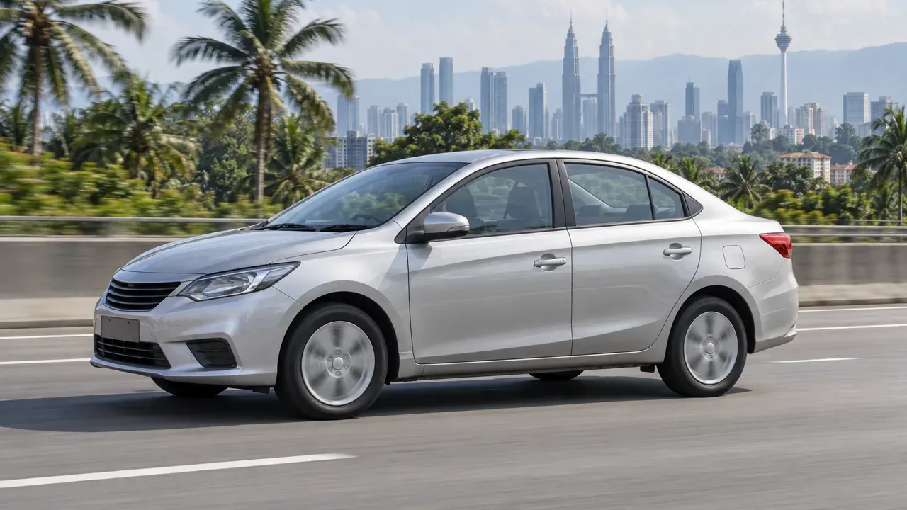 Unbranded silver sedan driving on a Malaysian multi-lane highway with a cityscape and palm trees in the distance.