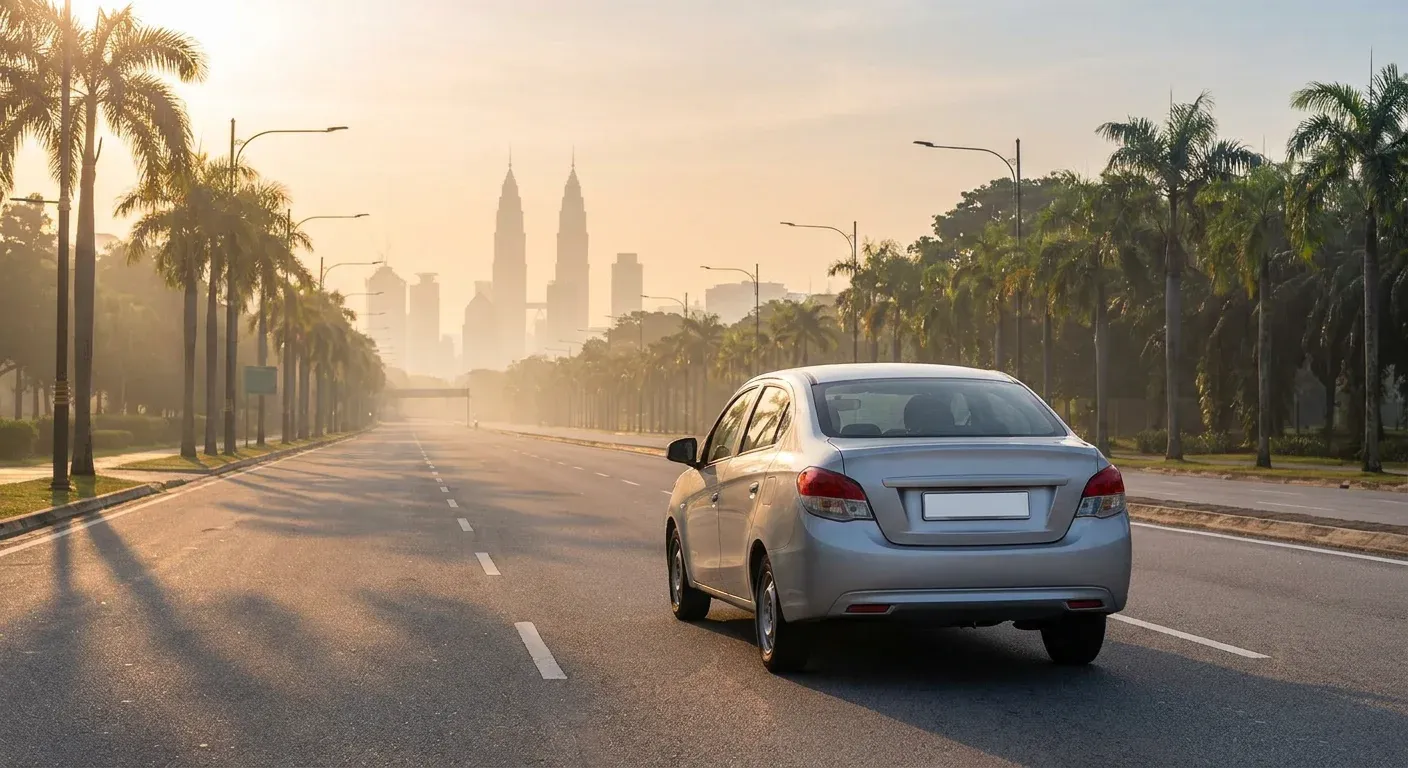 Unbranded silver compact sedan driving down a wide empty Kuala Lumpur avenue at golden sunrise, palm trees lining the road and the city skyline hazy in the distance.