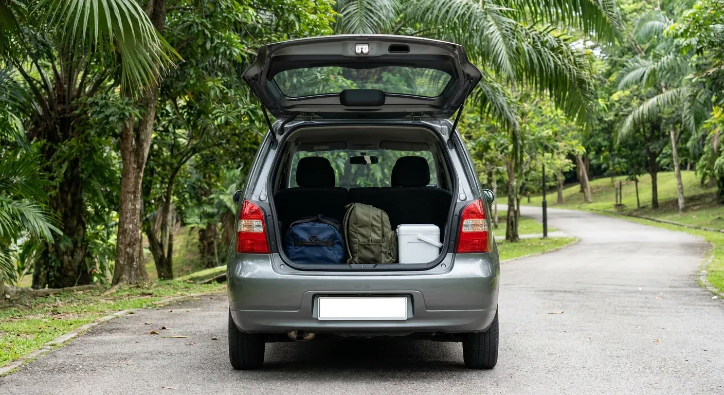 Open boot of an unbranded silver-grey hatchback loaded with two travel bags and a cooler box, parked under tropical trees beside a quiet Kuala Lumpur park.
