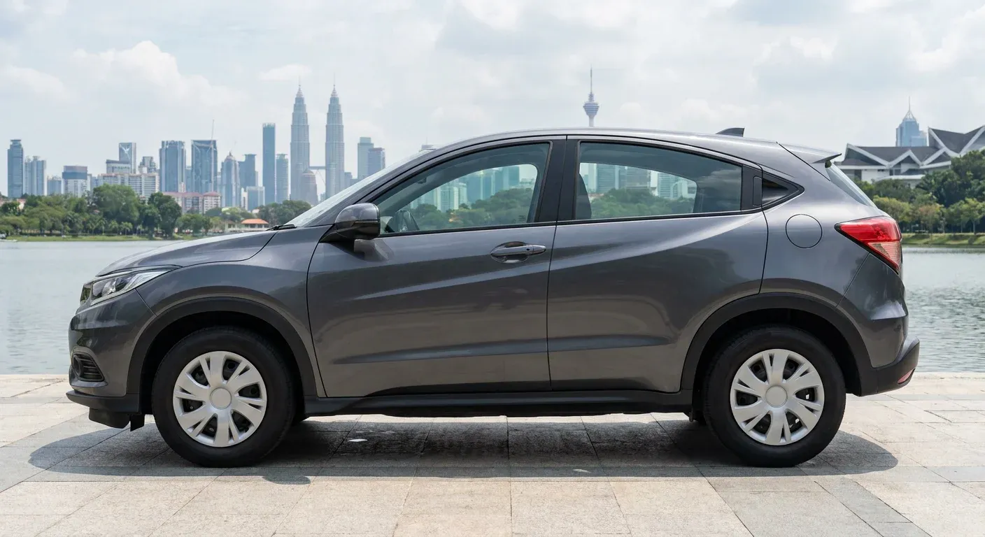 Unbranded dark-grey compact SUV in full side profile at a Kuala Lumpur lake garden viewpoint, the city skyline with twin towers across the water.