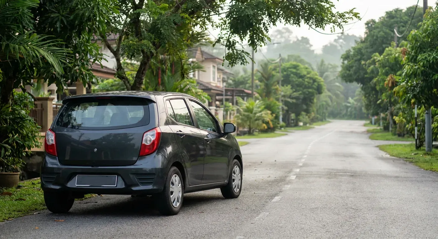A dark grey compact hatchback parked on a quiet tree-lined Malaysian suburban street with an open road stretching ahead.