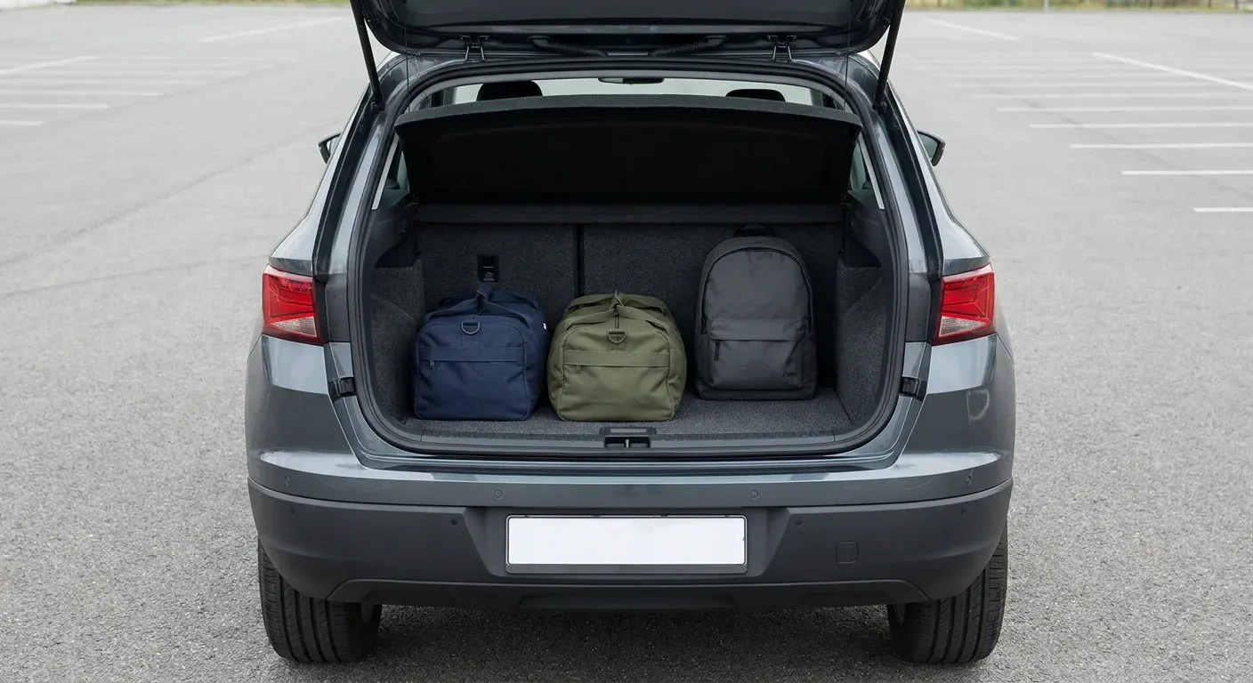 The open boot of a grey compact SUV holding two duffel bags and a backpack, photographed from directly behind in a parking lot.