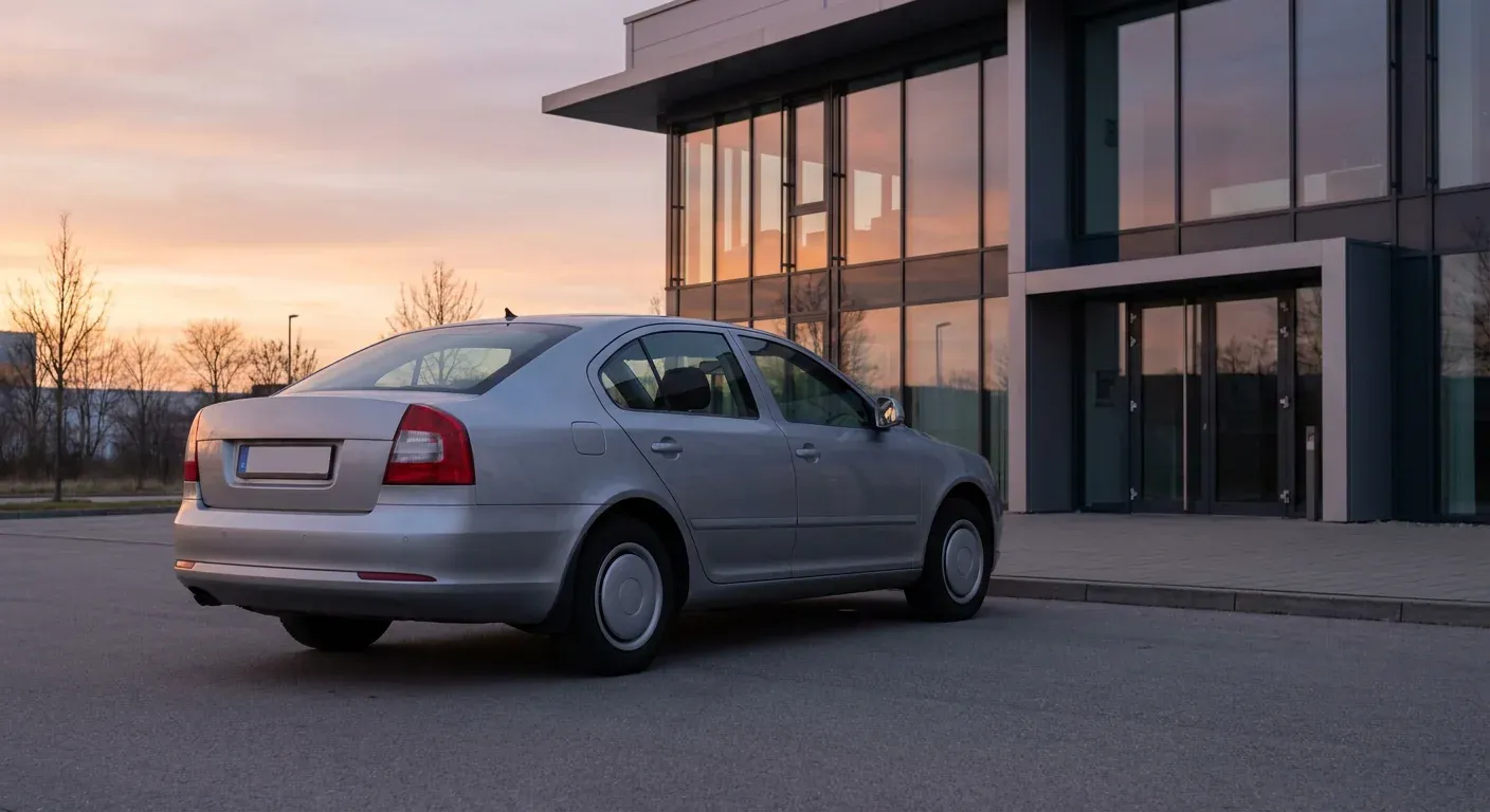 An unbranded silver sedan parked on a quiet forecourt beside a modern glass-fronted building at first light.