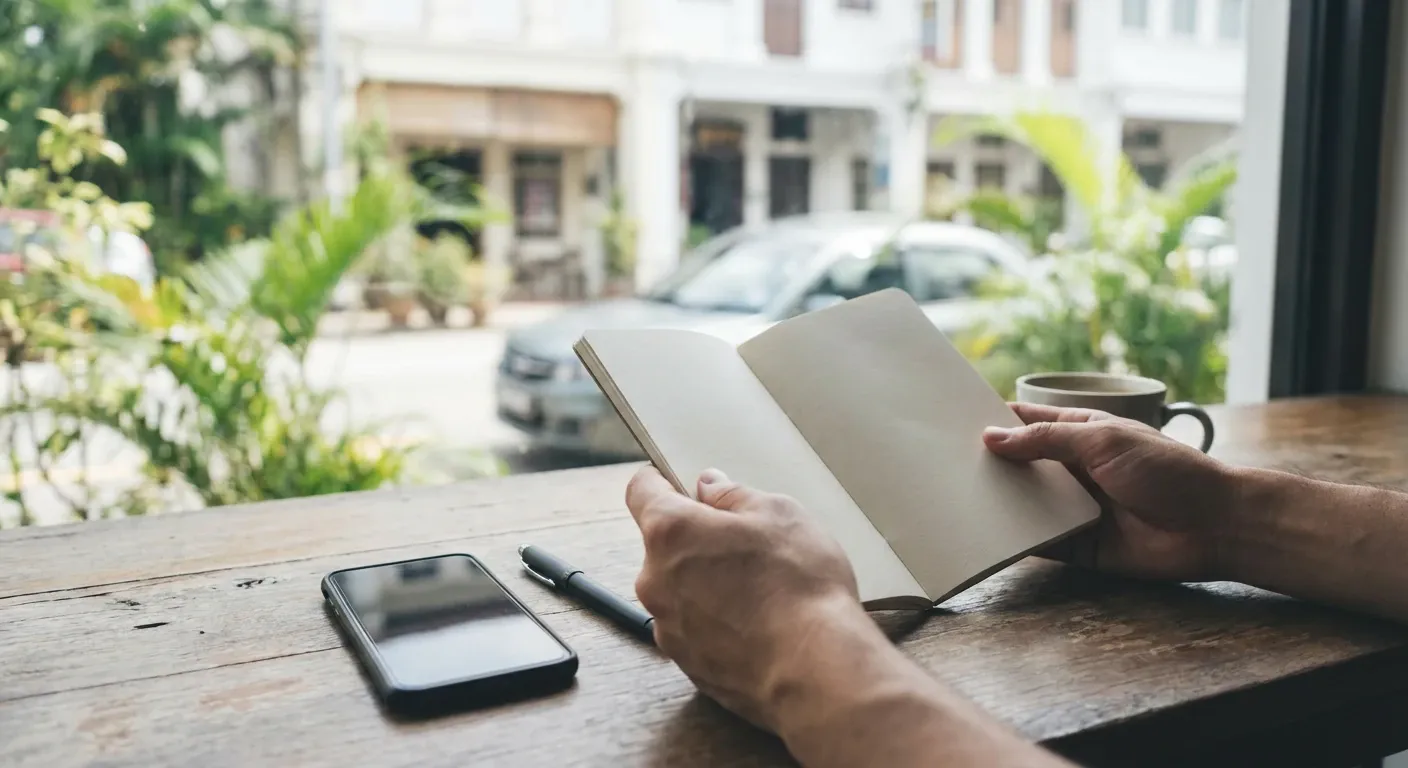 Hands and an open notebook on a cafe table while planning a Melaka trip, greenery blurred outside the window.