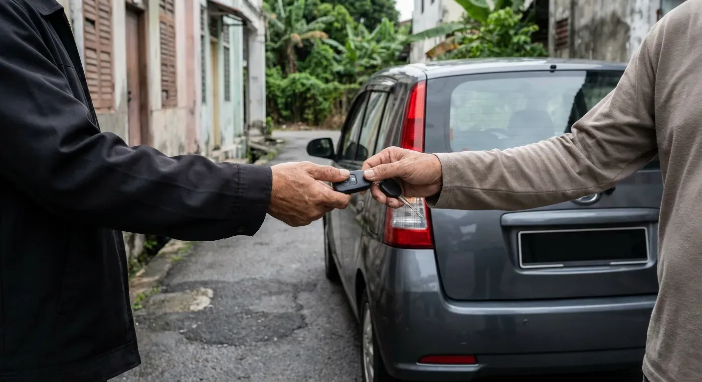 A car key with a plain unmarked fob passed between two people beside a parked hatchback on a quiet Melaka street.