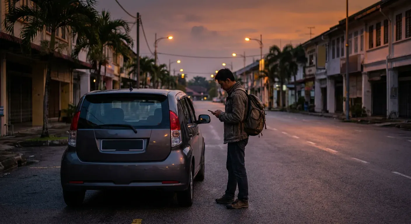 A traveller checking a phone beside a parked hatchback on a Melaka street at dusk, street lamps switching on.
