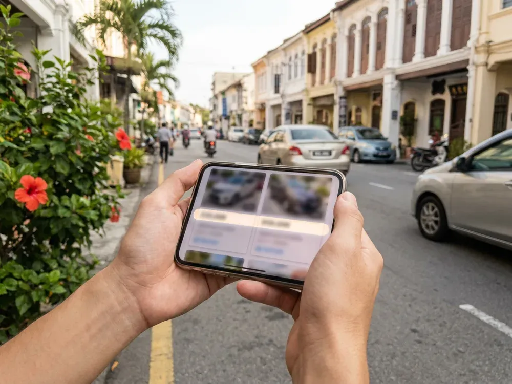 Hands holding a phone with a blurred comparison of car rental listings on a heritage street in Penang.