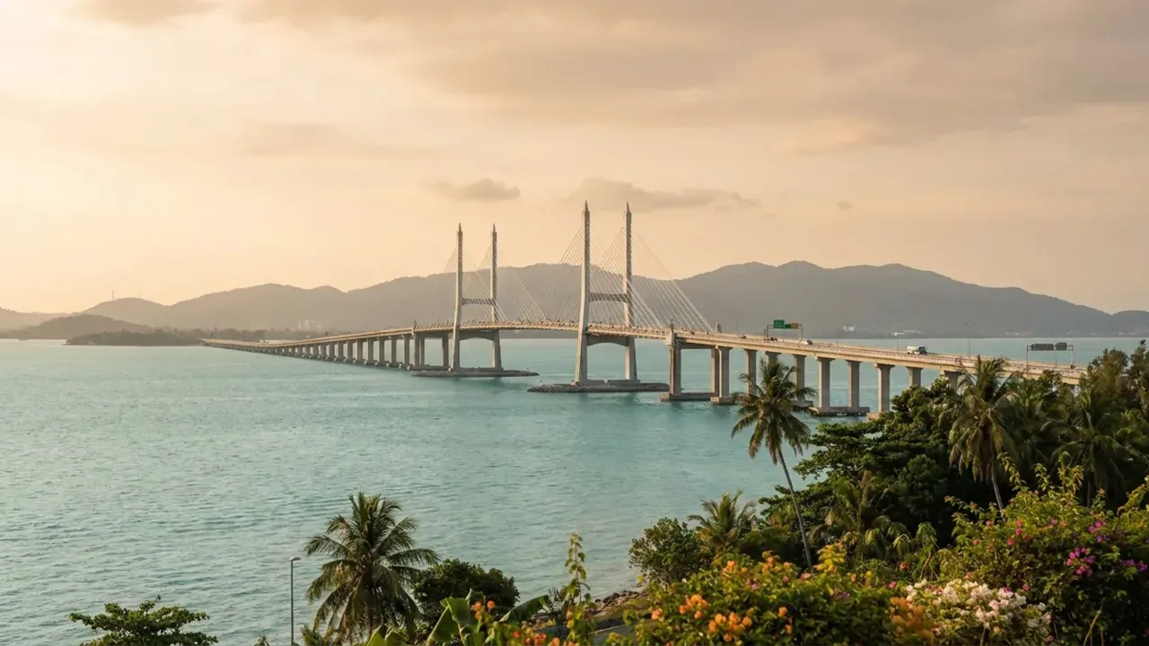 The Second Penang Bridge crossing the sea, linking Penang Island to Seberang Perai on the mainland.