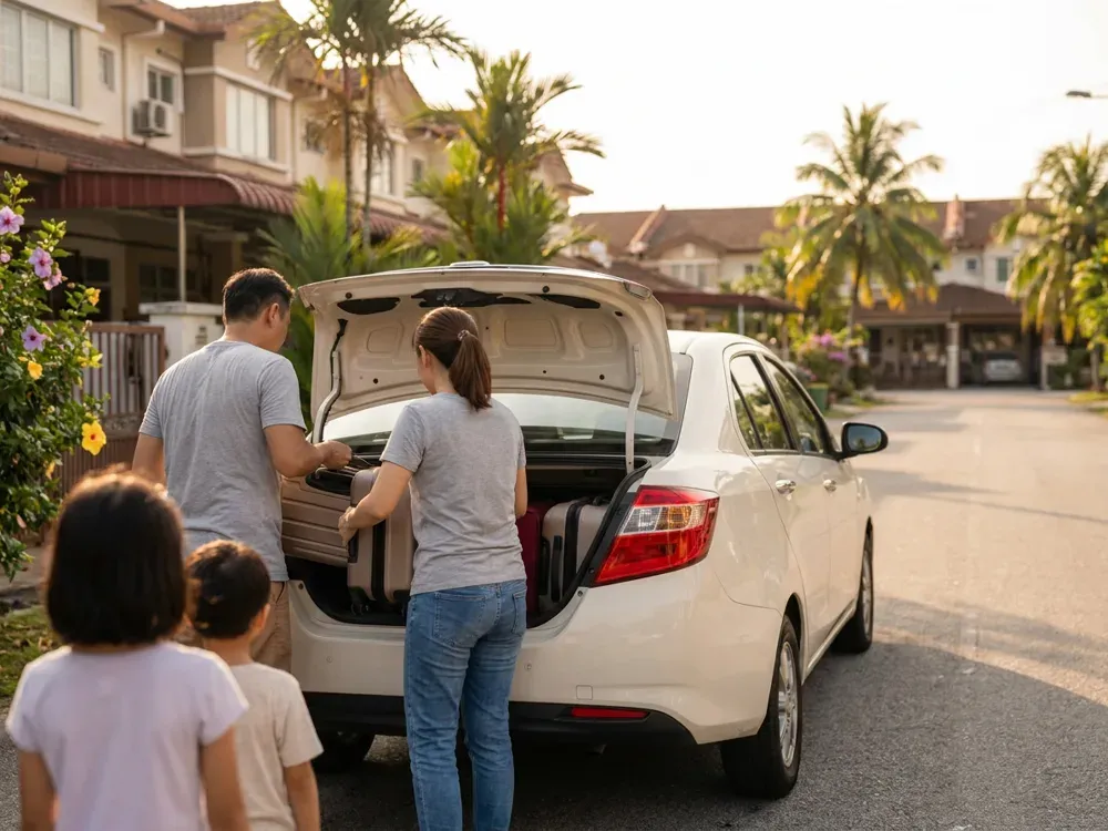 A family loading bags into the open boot of a car on a residential street in Penang.