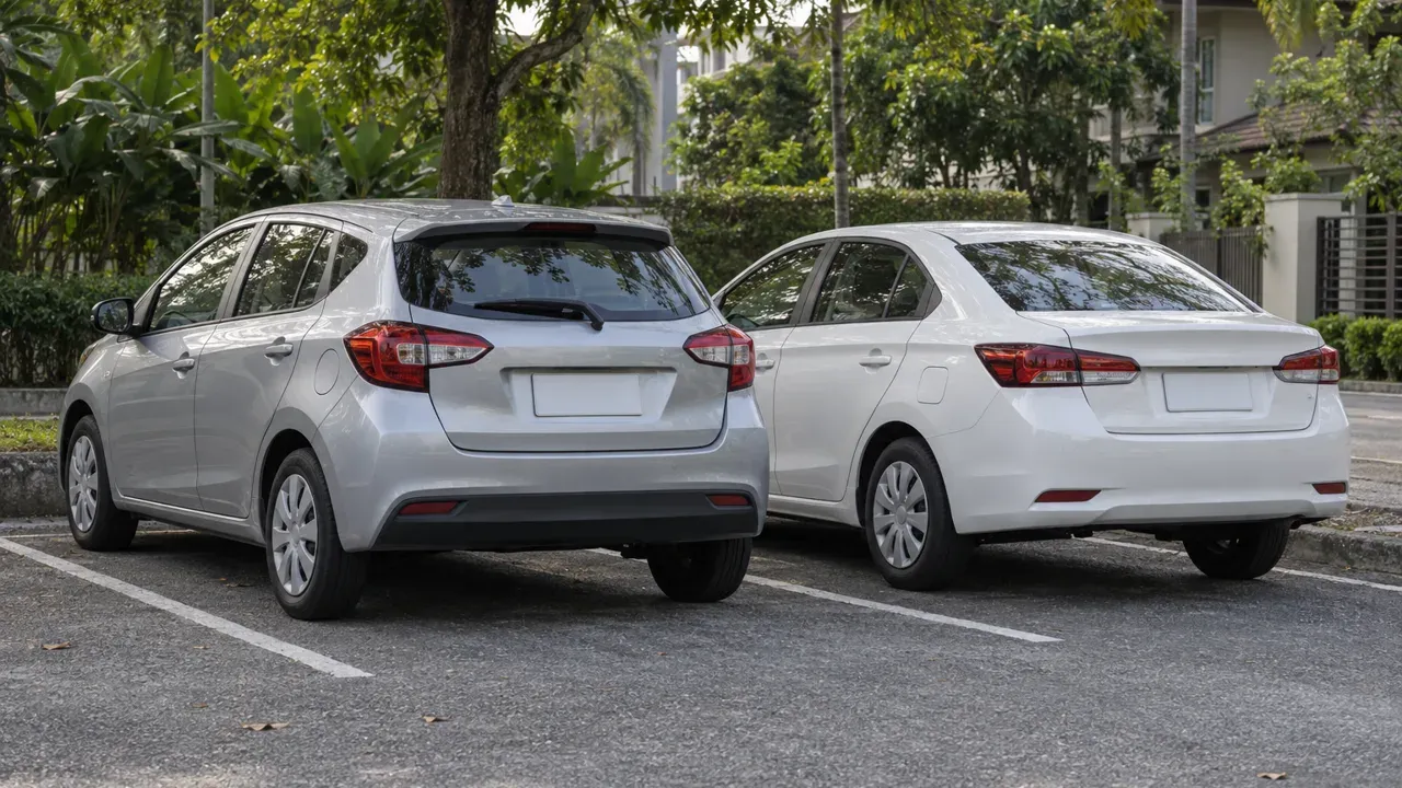 Two clean unbranded cars, a silver hatchback and a white sedan, parked side by side in an empty Malaysian residential carpark, seen from behind.