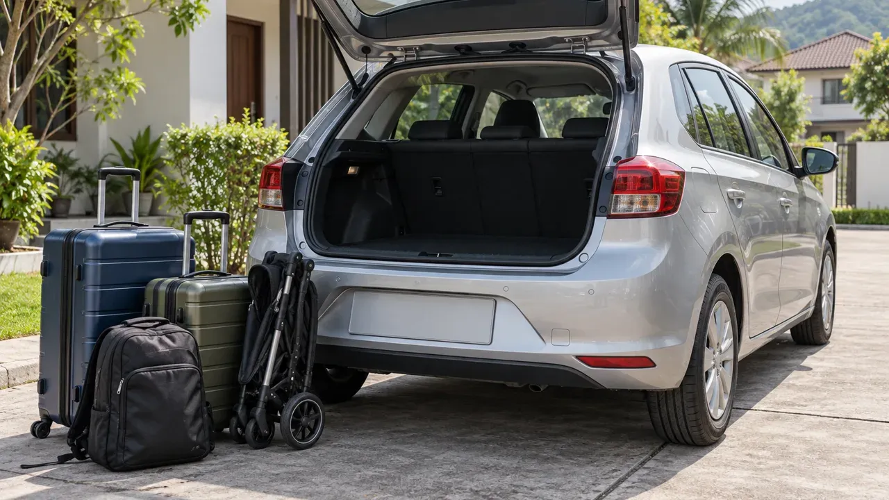 Open boot of a clean unbranded silver hatchback with two suitcases, a backpack and a folded stroller arranged neatly beside it on a Malaysian residential driveway.