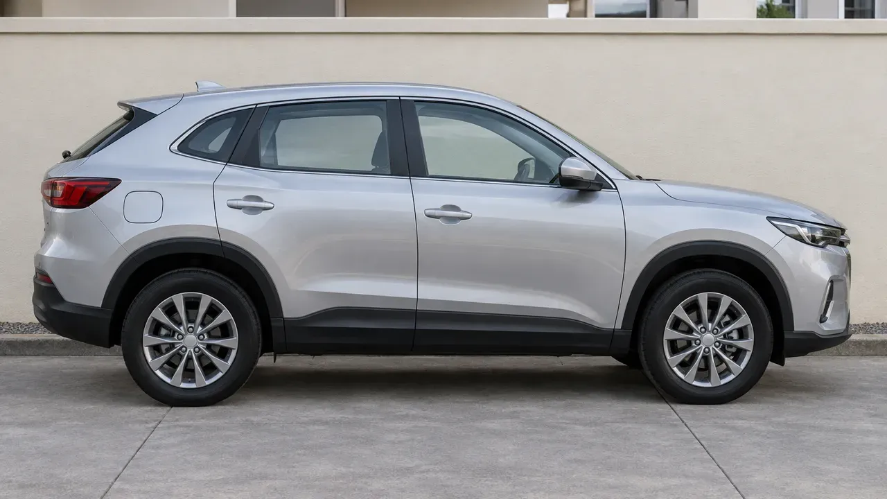 Single clean unbranded silver SUV parked beside a plain Malaysian residential boundary wall, seen in a true side exterior profile.