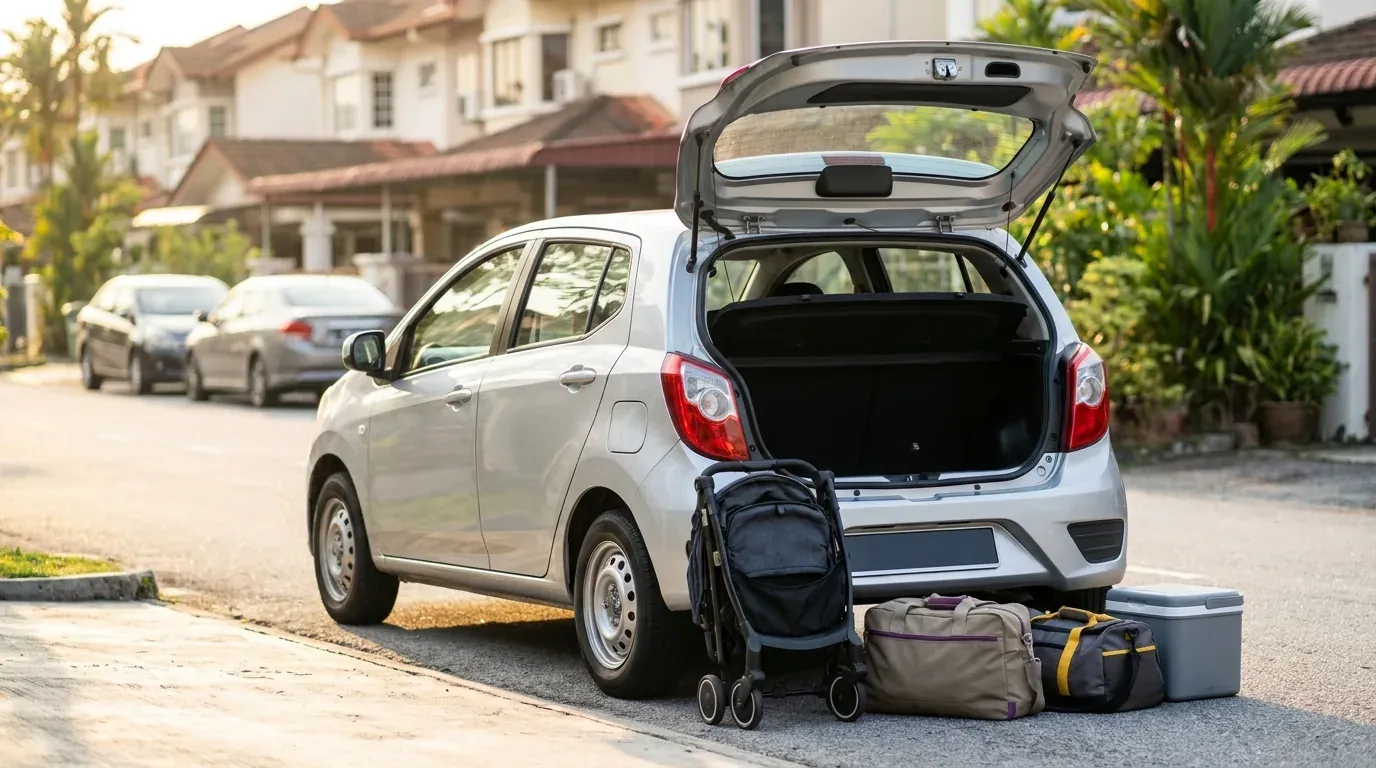 Folded stroller, travel bags and a cooler box arranged beside the open boot of an unbranded silver hatchback on a Kuala Lumpur residential street.