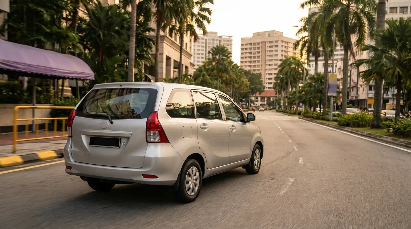 Unbranded silver MPV driving along a palm-lined Kuala Lumpur avenue in warm late-afternoon light.