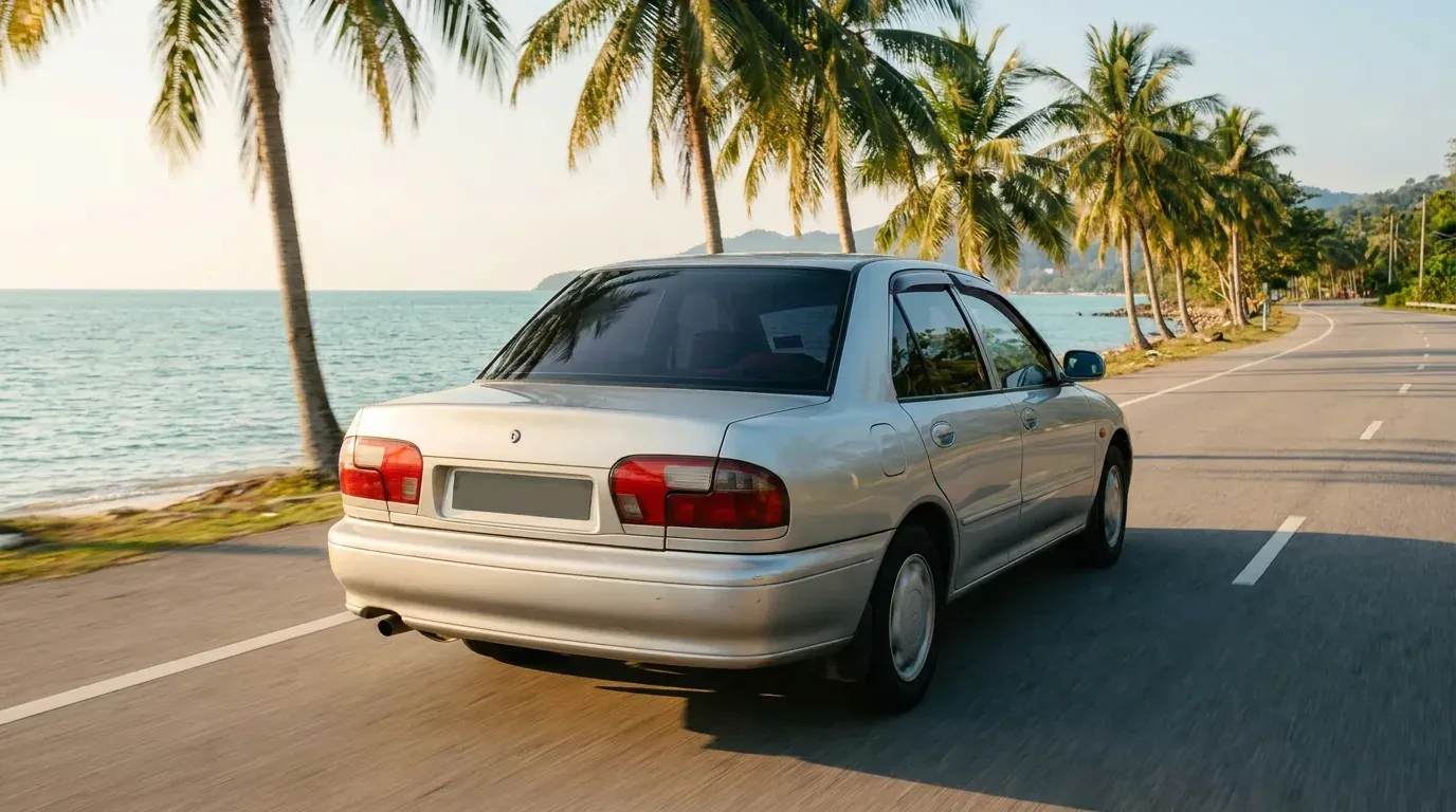 Kereta sewaan memandu di sepanjang jalan pantai Penang dengan pohon kelapa dan laut di sebelah.
