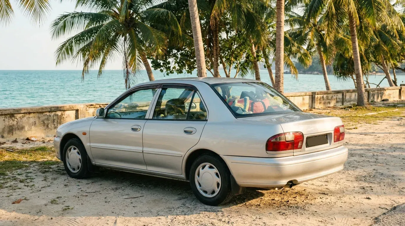 Kereta hatchback sewaan diparkir di kawasan parkir pantai dengan beg pantai di kerusi belakang, laut dan pohon kelapa di latar belakang.