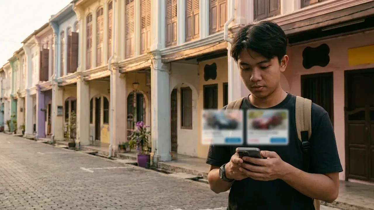 Pengembara membandingkan dua kad penyenaraian kereta pada telefon bimbit di lorong rumah kedai warisan Georgetown, Pulau Pinang.