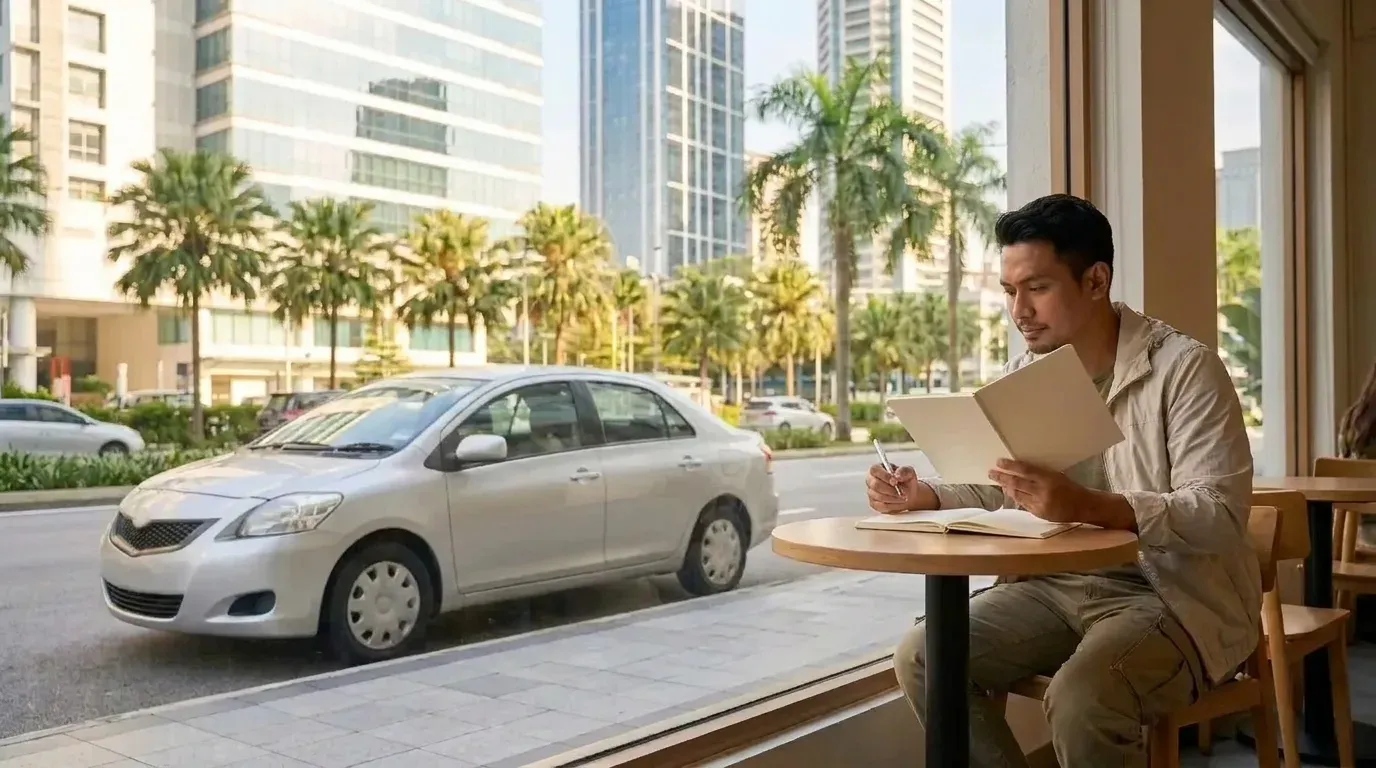 Seorang pengembara menyemak nota perjalanan di kafe berdekatan kereta sewa tanpa jenama yang diletakkan di luar.