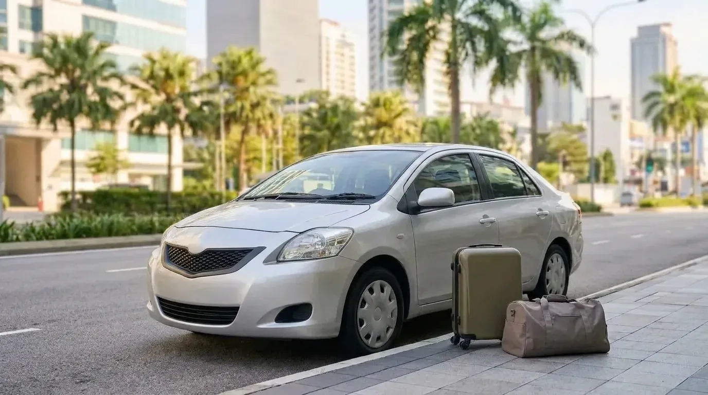 Beg-bagasi tersusun di sebelah kereta sewa tanpa jenama sedia untuk perjalanan di Johor Bahru.