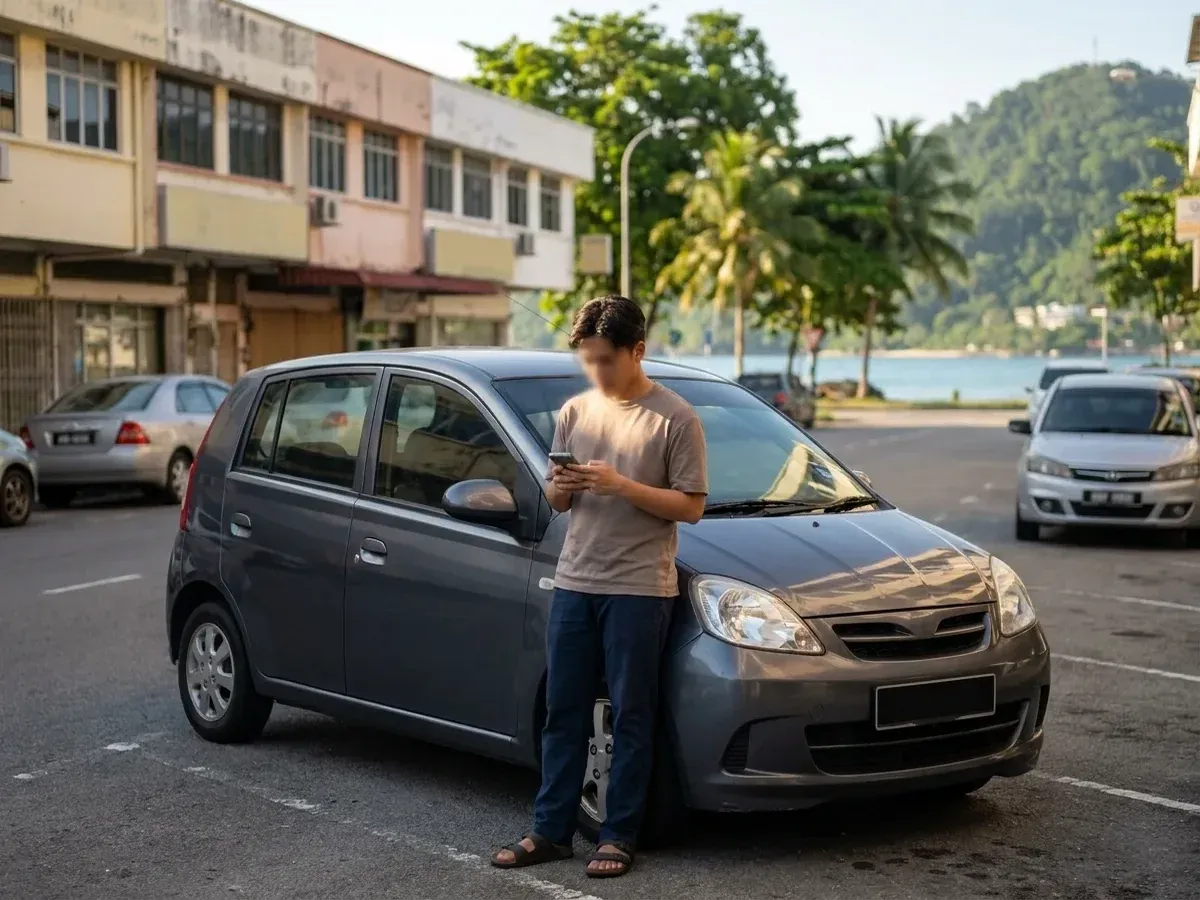 Pemandu membandingkan pilihan kereta sewa di telefon bimbit di tepi kereta tanpa jenama di jalan bandar Kota Kinabalu.