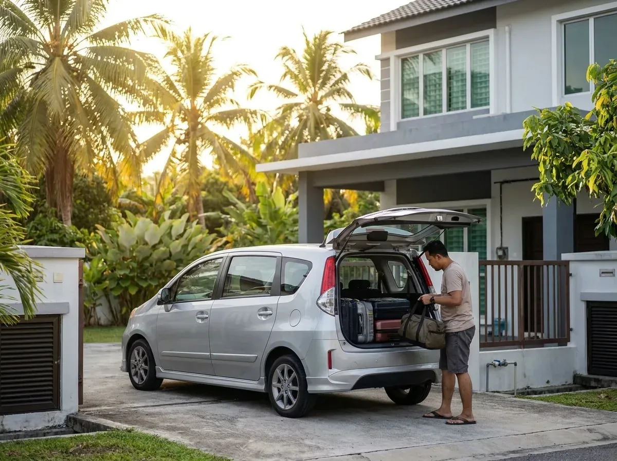 Pemandu memuatkan bagasi ke dalam kereta sewa di Kota Kinabalu