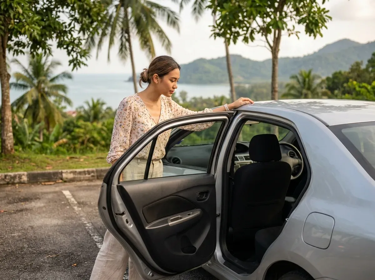 Seorang wanita menyemak ruang dalam kereta sewa di Langkawi sebelum membuat keputusan