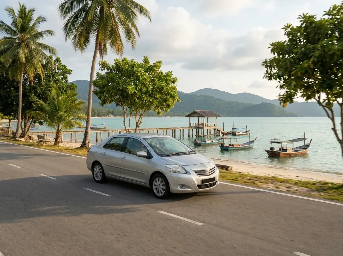 Kereta sewa dalam perjalanan di jalan pesisir pantai Langkawi dengan jetty dan bot nelayan di latar belakang