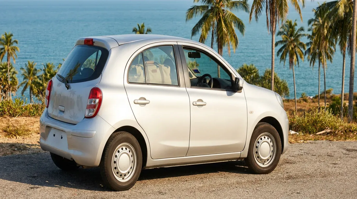 Kereta hatchback sewaan diparkir di kawasan pandang pesisir Penang dengan beg perjalanan di kerusi belakang, laut dan pohon kelapa di latar belakang.