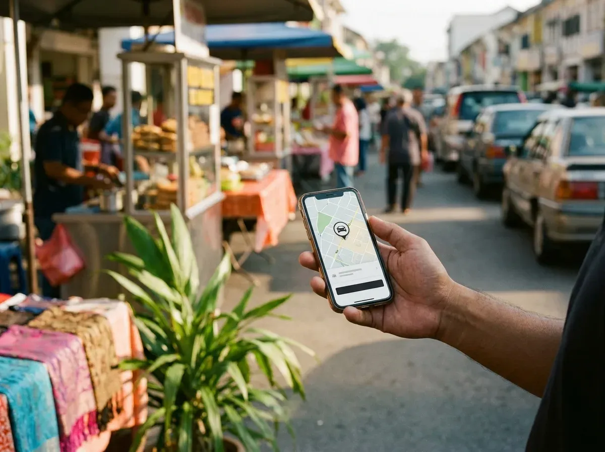 Tangan memegang telefon pintar yang memaparkan aplikasi sewa kereta, dengan latar belakang kabur pasar jalanan di Ipoh.