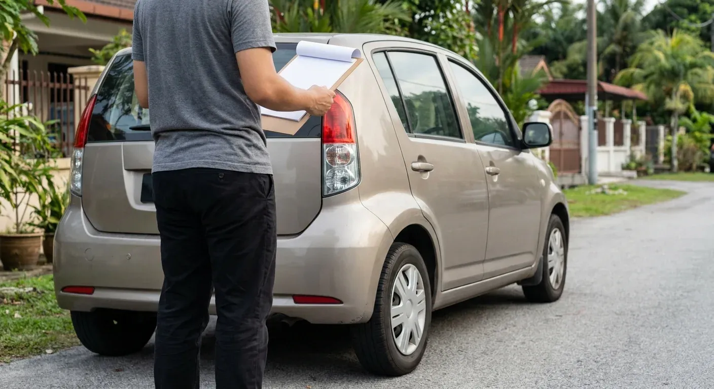 Seorang pengguna menyemak nota perbandingan di sebelah kereta kompak yang diparkir.