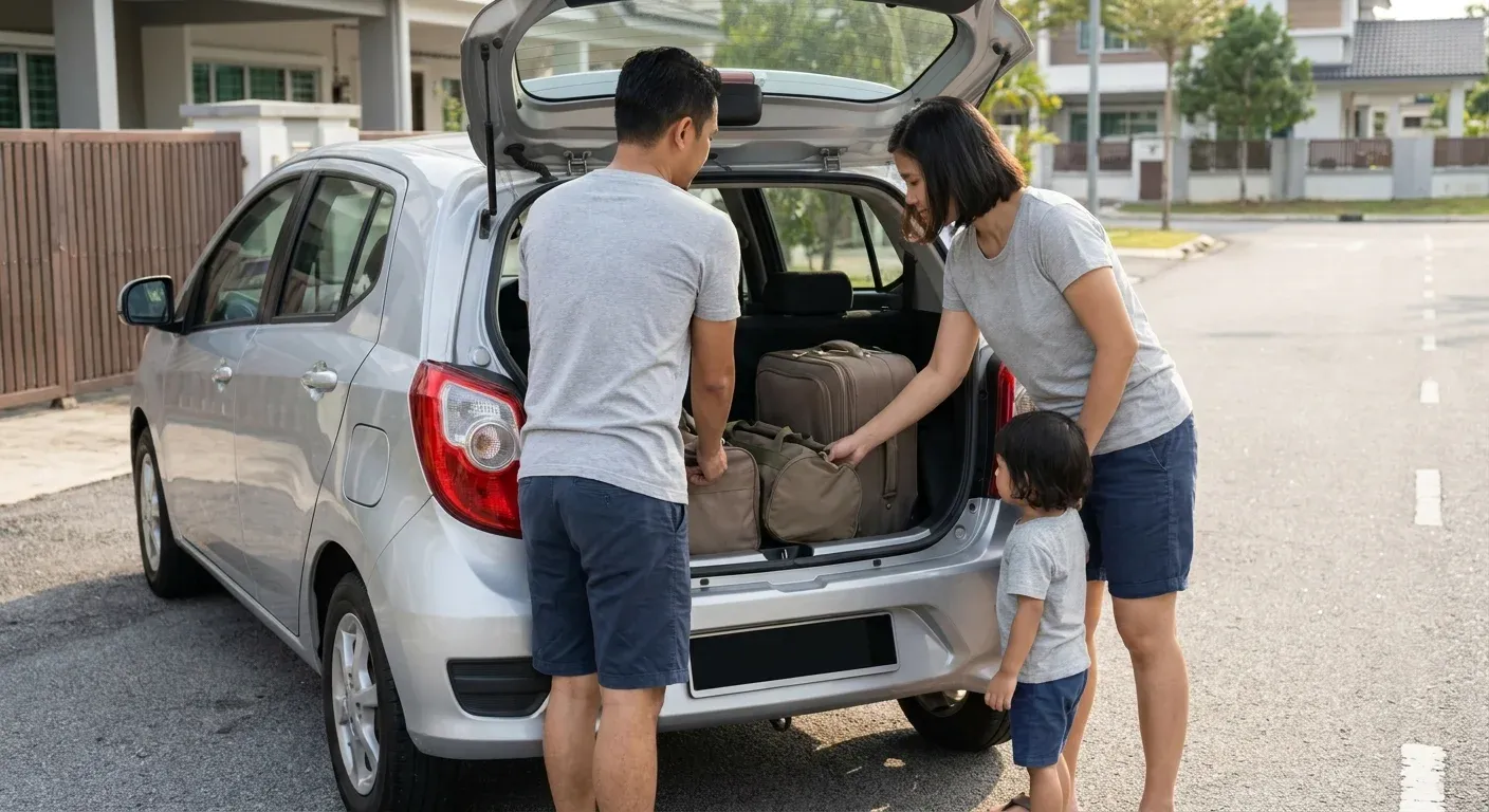 Keluarga menyusun bagasi ke dalam but kereta sebelum memulakan perjalanan di KL.