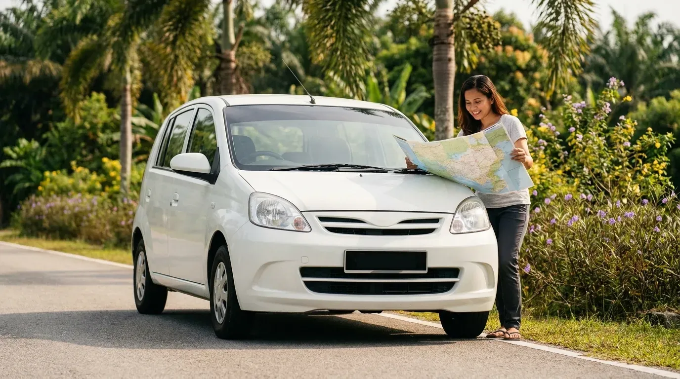 Seorang pelancong merancang perjalanan Langkawi di sebelah kereta tanpa jenama yang diparkir.