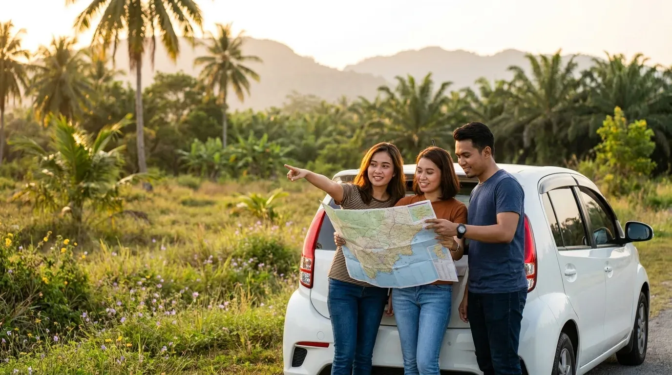 Sebuah kumpulan kecil berbincang tentang itinerary Langkawi di luar kereta tanpa jenama yang diparkir.