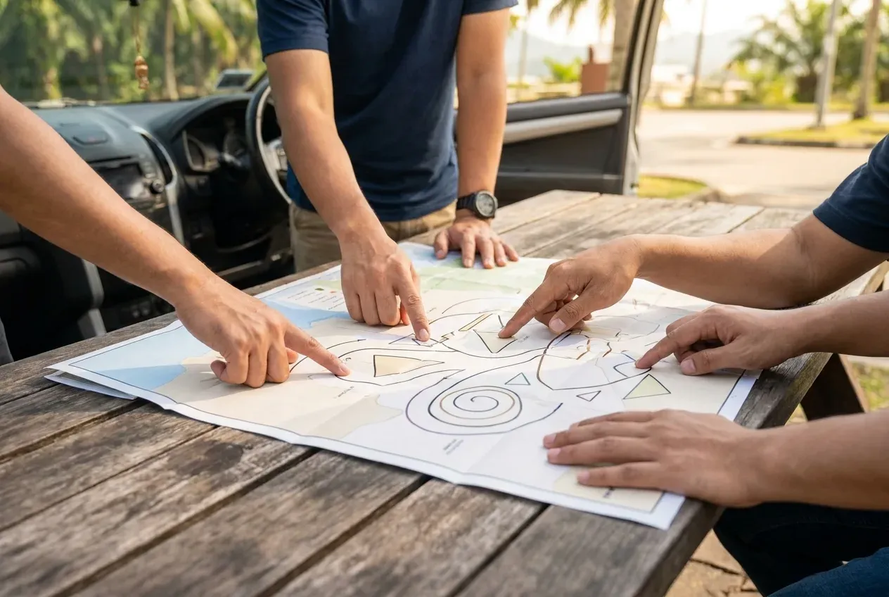Pemandangan atas meja yang menunjukkan tangan-tangan berlainan bangsa menunjuk pada peta atau jadual perjalanan kertas yang abstrak. Latar belakang menunjukkan sebahagian dalaman kereta generik dan persekitaran luar Malaysia yang cerah.