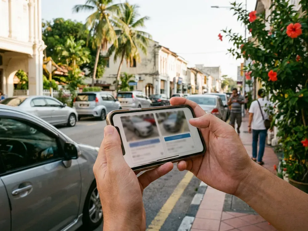 Sepasang tangan memegang telefon bimbit dengan skrin perbandingan penyenaraian kereta yang kabur, di jalan rumah kedai warisan di Pulau Pinang.
