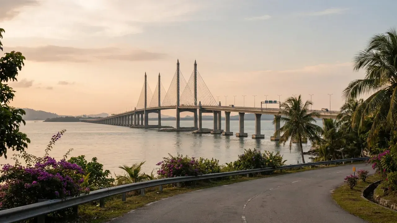 Jambatan Kedua Pulau Pinang merentangi laut, menghubungkan Pulau Pinang ke Seberang Perai.