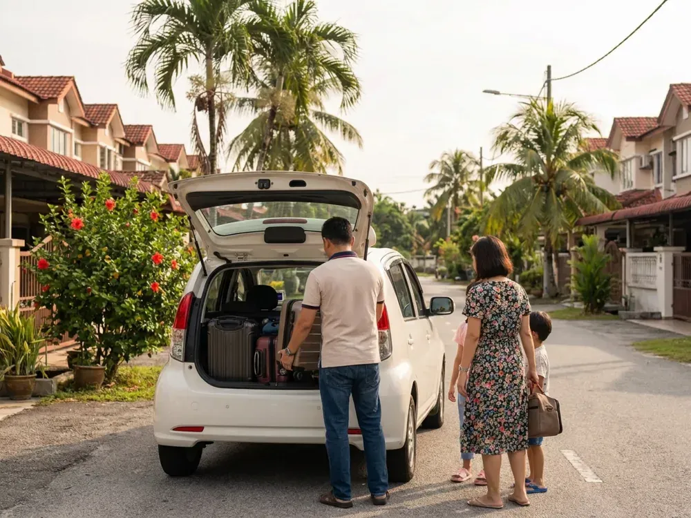 Sebuah keluarga memuatkan beg ke dalam but kereta yang terbuka di jalan perumahan di Pulau Pinang.