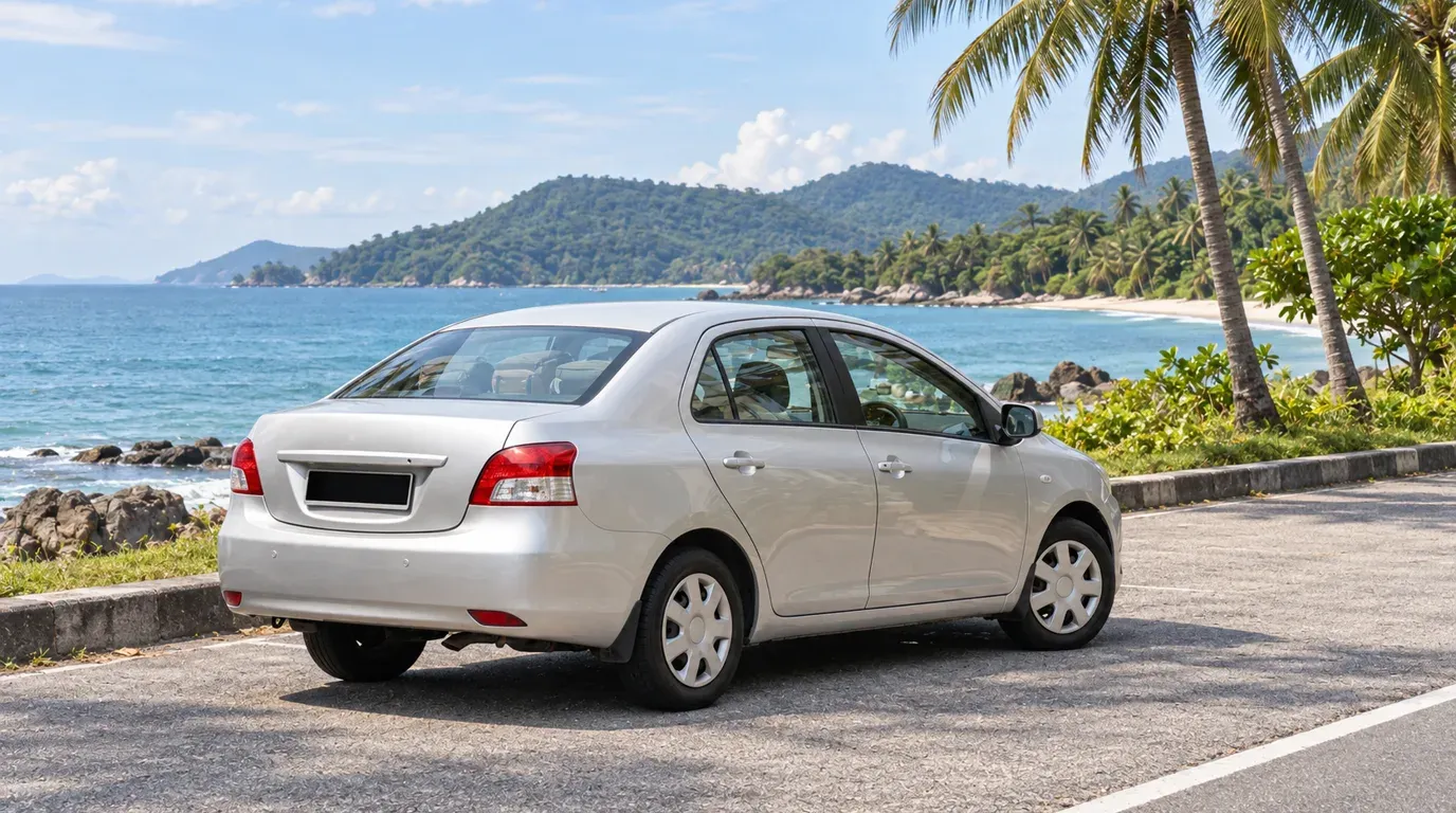 Kereta sewaan diparkir di laluan tepi pantai tropika dengan laut dan pokok kelapa di latar belakang.