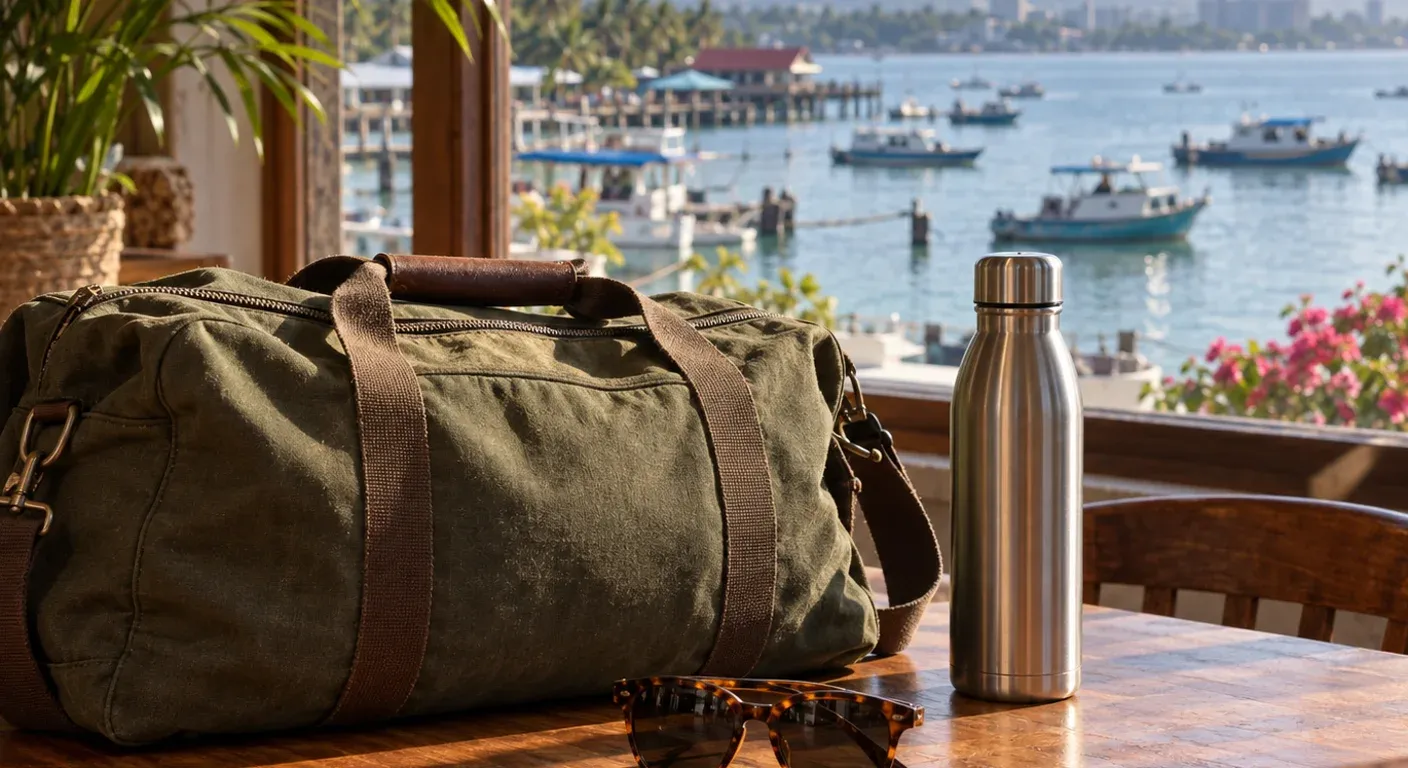 An olive-green canvas duffel bag, sunglasses and a water bottle on a wooden table by a window overlooking a tropical harbor in Kota Kinabalu.